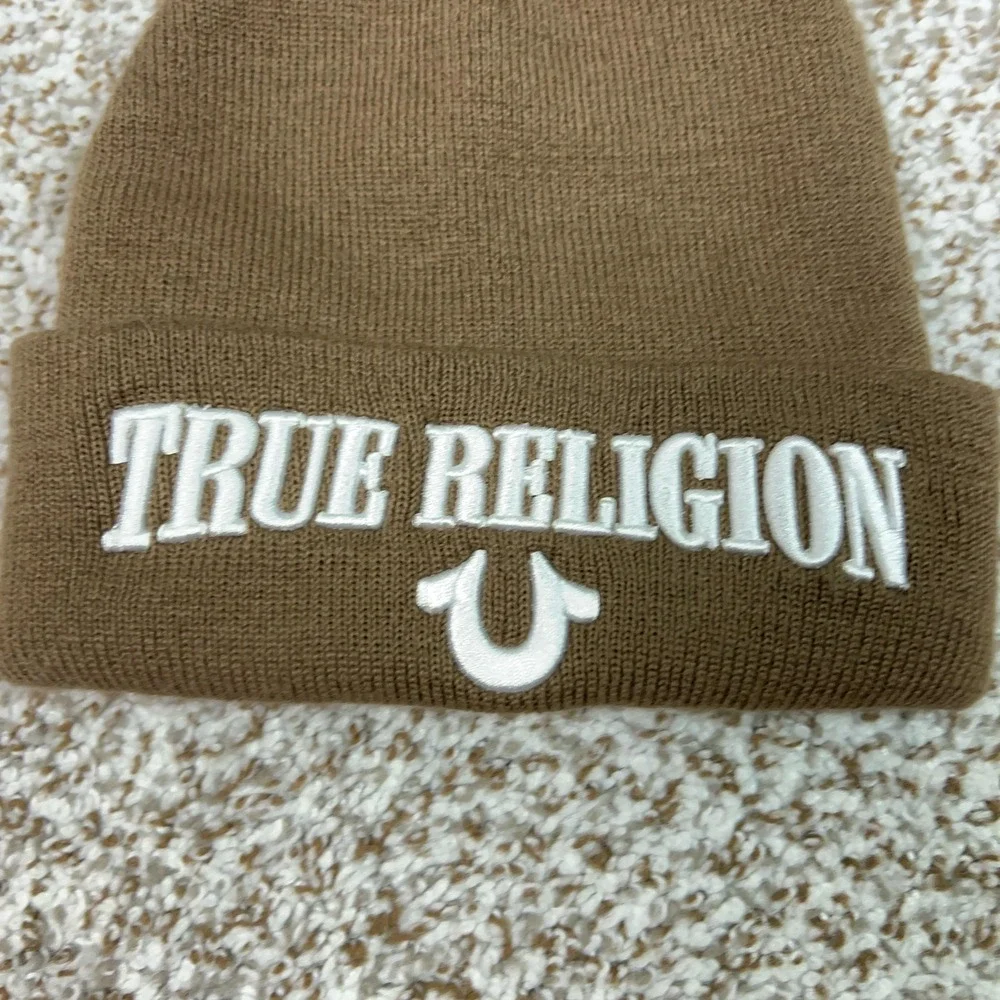 True Religion Hat Beanie Men One Size Brown Knit Logo Spellout Winter Streetwear